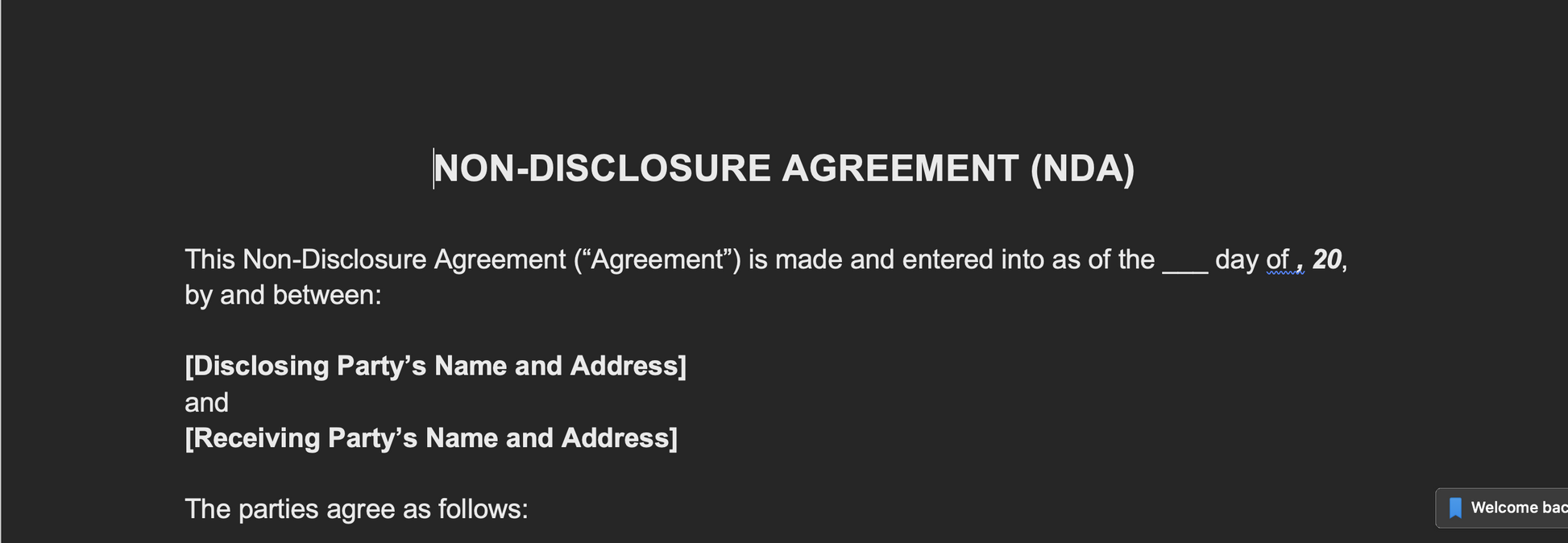 Preview of customisable NDA template for confidentiality agreements. 